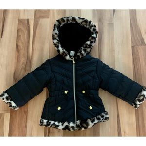 Girls Black Jacket w/Animal Print Fur Trim 2T